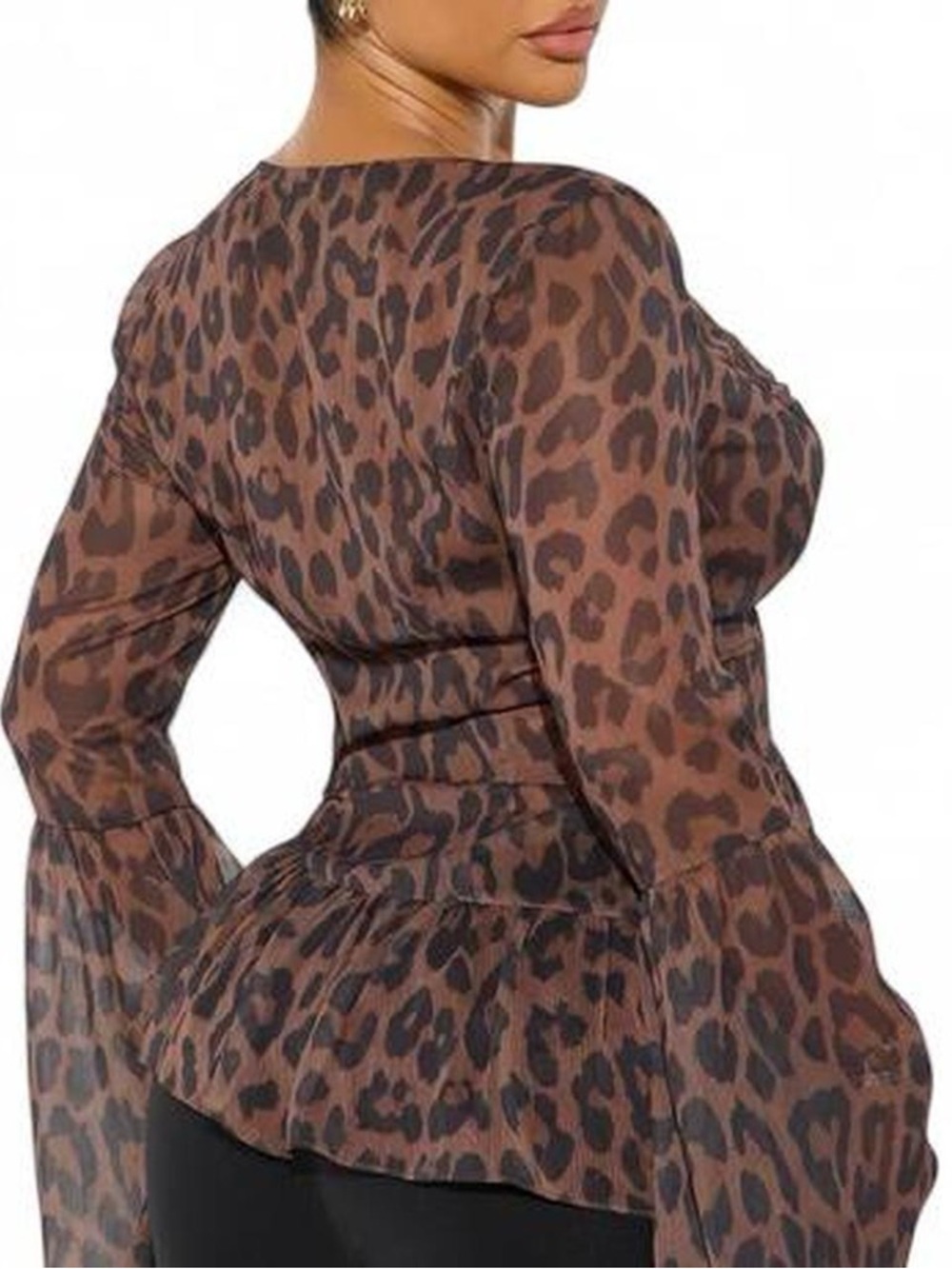 Fashion Nova Leopard Print Chiffon Blouse Size M NWT Bell Sleeve Top - Picture 8 of 8